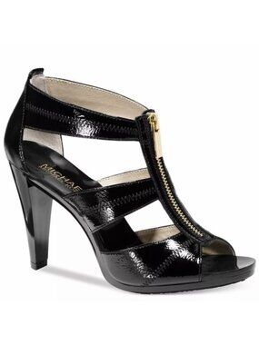 Michael Kors Berkley Women’s Black T-Strap Patent Leather Gold Zipper Heels